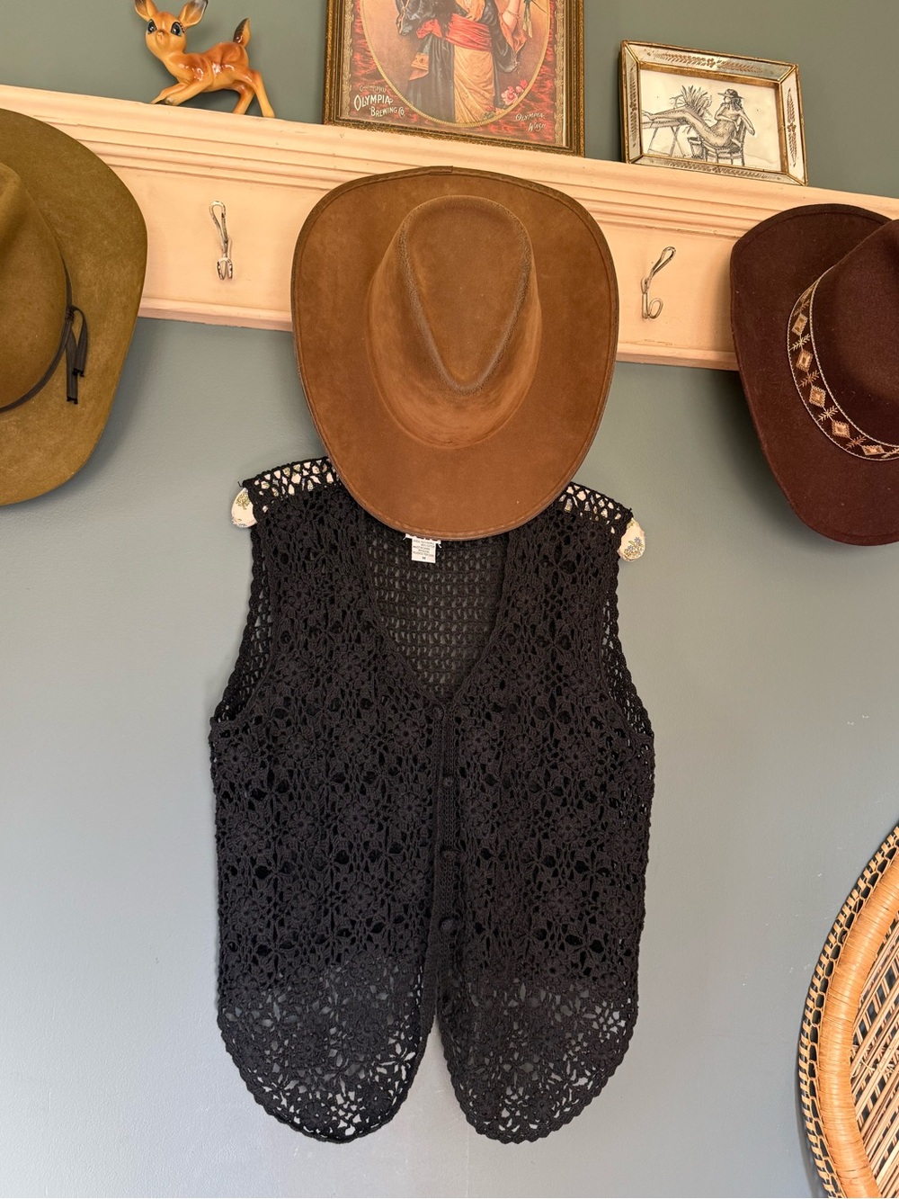 Vintage Clio Black Crochet Button-Down Vest sz medium - Picture 2 of 7